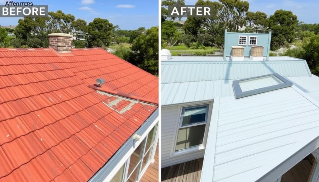 Before and after of coastal cottage roof renovation showing roofing aesthetics and colour trends Australia impact Before and after of coastal cottage roof renovation showing roofing aesthetics and colour trends Australia impact