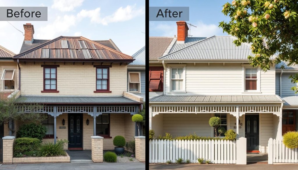 Before and after of heritage terrace roof renovation showing roofing aesthetics and colour trends Australia impact Before and after of heritage terrace roof renovation showing roofing aesthetics and colour trends Australia impact