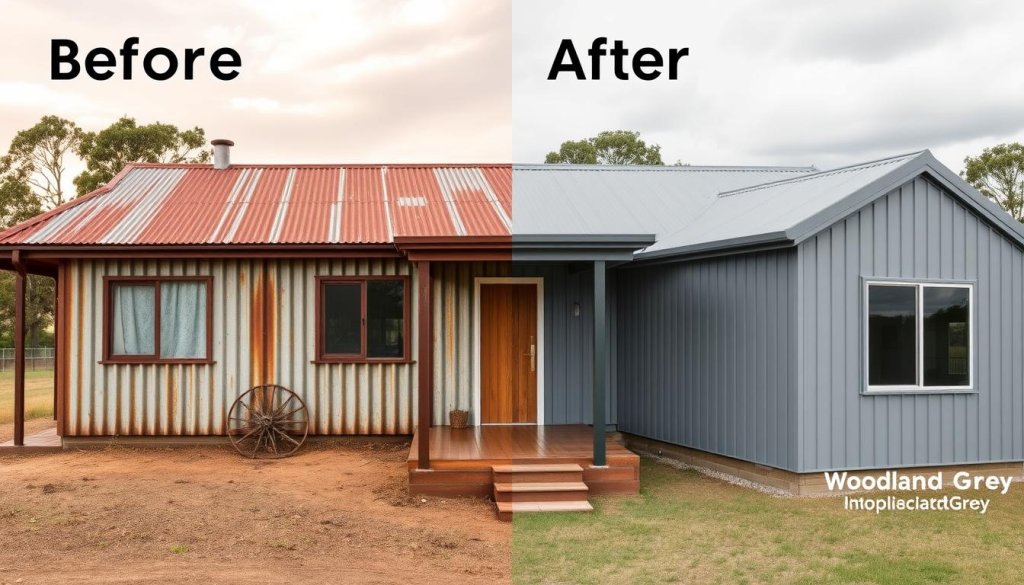 Before and after of rural homestead roof renovation showing roofing aesthetics and colour trends Australia impact Before and after of rural homestead roof renovation showing roofing aesthetics and colour trends Australia impact