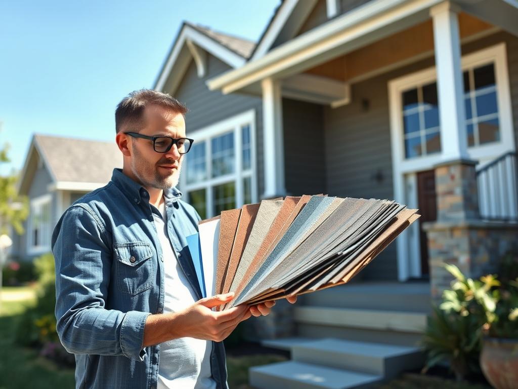 Person comparing roof material samples outdoors for roofing aesthetics and colour trends Australia