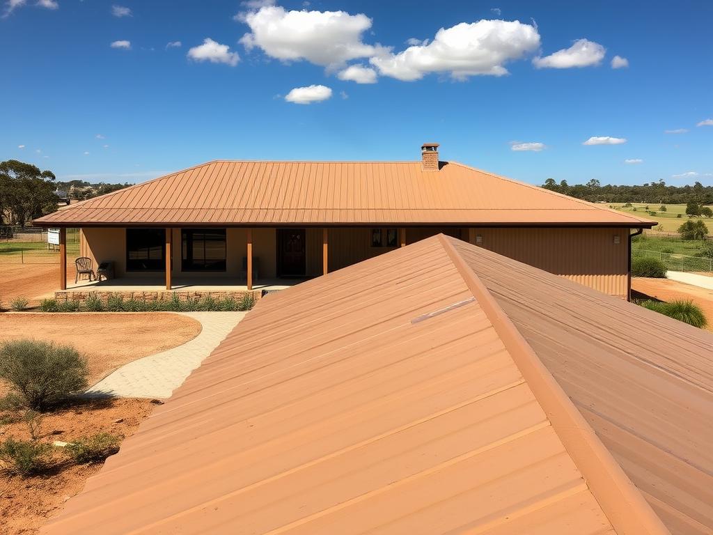 Rural property with earthy-toned roof blending with landscape, showing roofing aesthetics and colour trends Australia Rural property with earthy-toned roof blending with landscape, showing roofing aesthetics and colour trends Australia